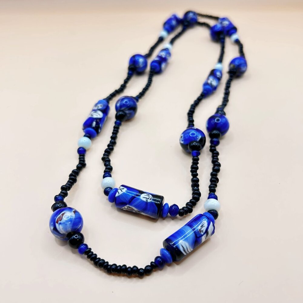 Vintage Millefiori Glass Bead Necklace – Figural Faces, Possibly Murano or India